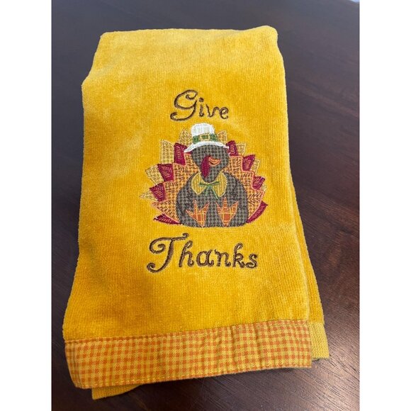 Thanksgiving Harvest Embroidered "Give Thanks" Yellow Kitchen Towel By Harvest - Picture 2 of 7